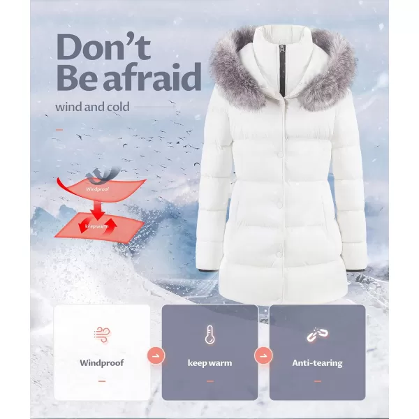 CREATMO US Womens Winter Snow Jacket Long Fur Puffer Coat With Removable Faux Fur TrimWhite