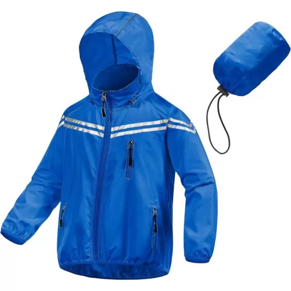 CREATMO US Boys Girls Rain Coat Kids Reflective Cycling Jacket Lightweight Waterproof Windbreakers With Removable HoodBlue