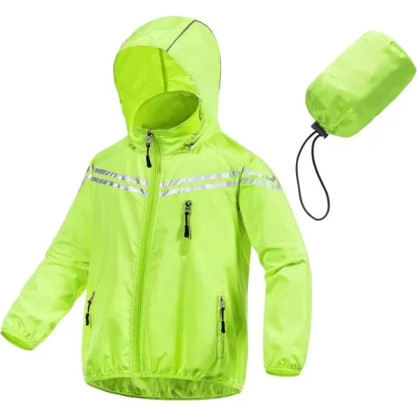 CREATMO US Boys Girls Rain Coat Kids Reflective Cycling Jacket Lightweight Waterproof Windbreakers With Removable HoodFluorescent Yellow