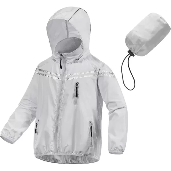 CREATMO US Boys Girls Rain Coat Kids Reflective Cycling Jacket Lightweight Waterproof Windbreakers With Removable HoodGrey