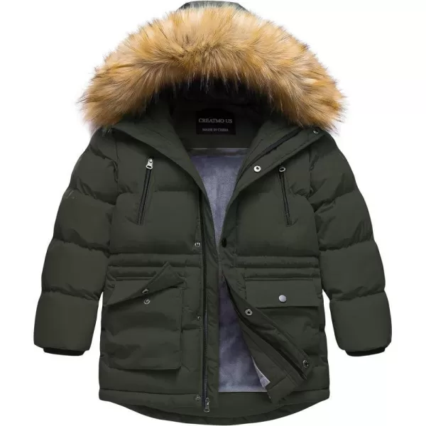 CREATMO US Boys Winter Parka Water Resistant Hooded Puffer Fleece Lined Jackets CoatsArmy Green