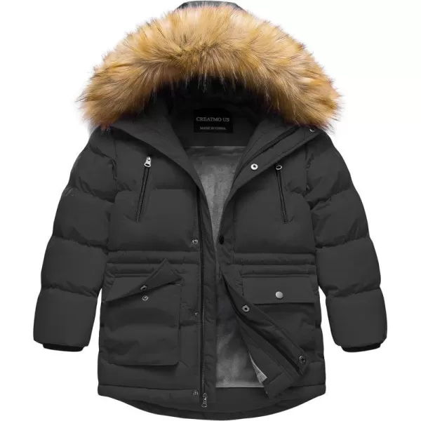 CREATMO US Boys Winter Parka Water Resistant Hooded Puffer Fleece Lined Jackets CoatsBlack