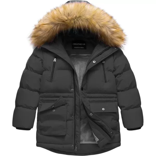 CREATMO US Boys Winter Parka Water Resistant Hooded Puffer Fleece Lined Jackets CoatsDark Grey