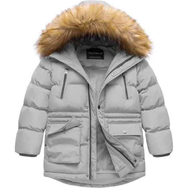 CREATMO US Boys Winter Parka Water Resistant Hooded Puffer Fleece Lined Jackets CoatsGrey