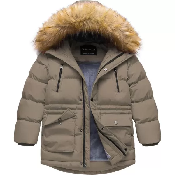 CREATMO US Boys Winter Parka Water Resistant Hooded Puffer Fleece Lined Jackets CoatsKhaki