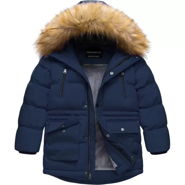 CREATMO US Boys Winter Parka Water Resistant Hooded Puffer Fleece Lined Jackets CoatsNavy