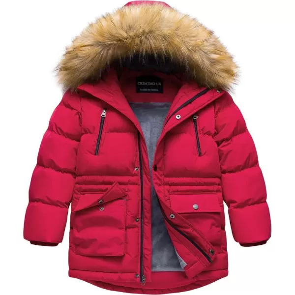 CREATMO US Boys Winter Parka Water Resistant Hooded Puffer Fleece Lined Jackets CoatsRed