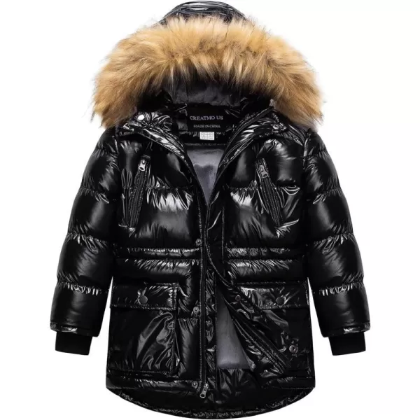 CREATMO US Boys Winter Parka Water Resistant Hooded Puffer Fleece Lined Jackets CoatsShine Black