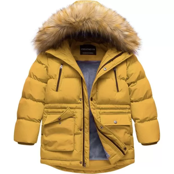 CREATMO US Boys Winter Parka Water Resistant Hooded Puffer Fleece Lined Jackets CoatsYellow