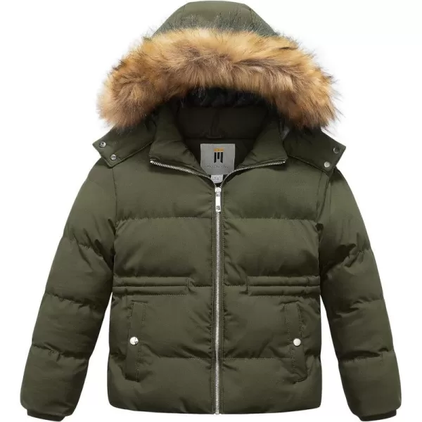 CREATMO US Girls Kids Metallic Shiny Jacket with Detachable Fur Collar Warmth Winter OuterwearArmy Green