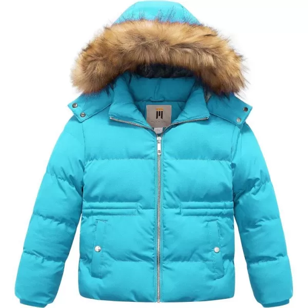 CREATMO US Girls Kids Metallic Shiny Jacket with Detachable Fur Collar Warmth Winter OuterwearBlue