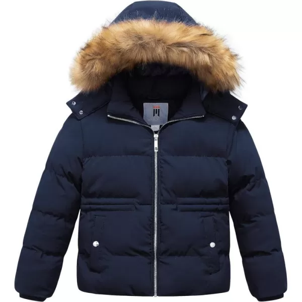 CREATMO US Girls Kids Metallic Shiny Jacket with Detachable Fur Collar Warmth Winter OuterwearNavy