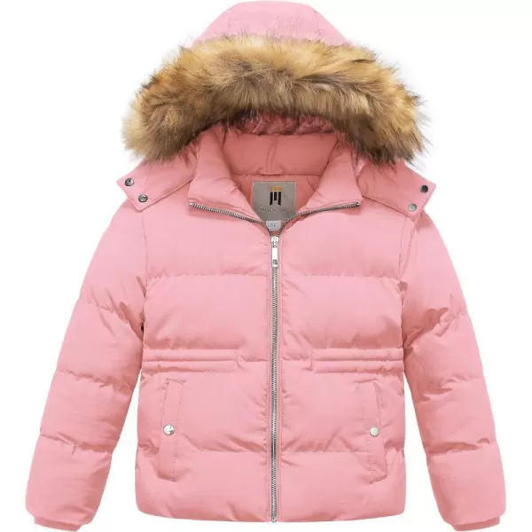 CREATMO US Girls Kids Metallic Shiny Jacket with Detachable Fur Collar Warmth Winter OuterwearPink