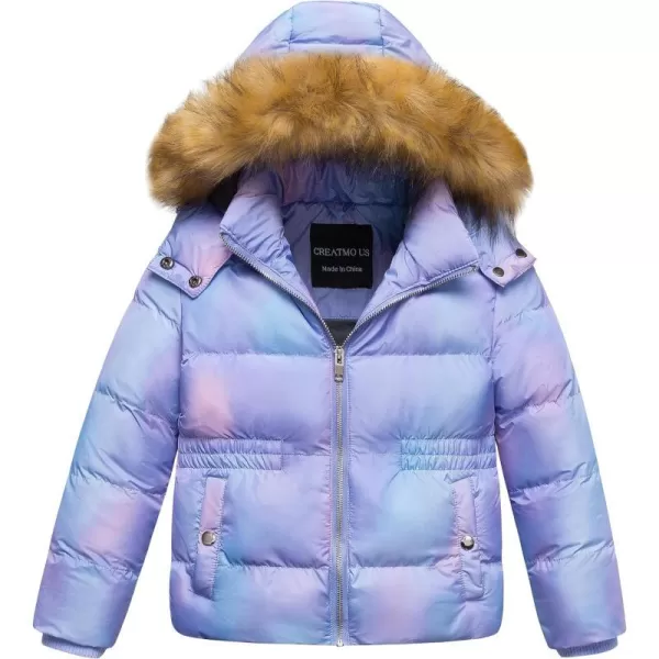 CREATMO US Girls Kids Metallic Shiny Jacket with Detachable Fur Collar Warmth Winter OuterwearPinkampombre