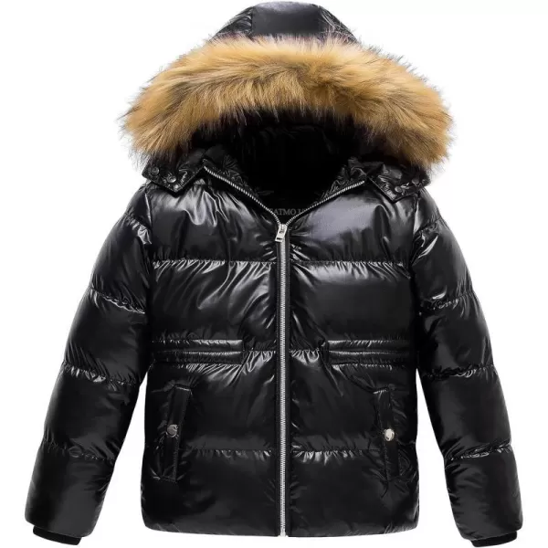 CREATMO US Girls Kids Metallic Shiny Jacket with Detachable Fur Collar Warmth Winter OuterwearShine Black