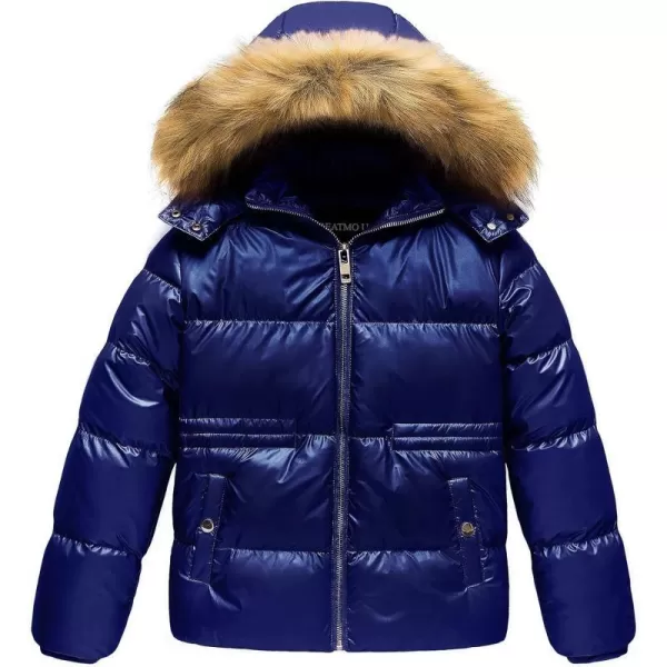 CREATMO US Girls Kids Metallic Shiny Jacket with Detachable Fur Collar Warmth Winter OuterwearShine Navy