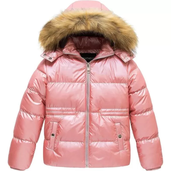 CREATMO US Girls Kids Metallic Shiny Jacket with Detachable Fur Collar Warmth Winter OuterwearShine Pink