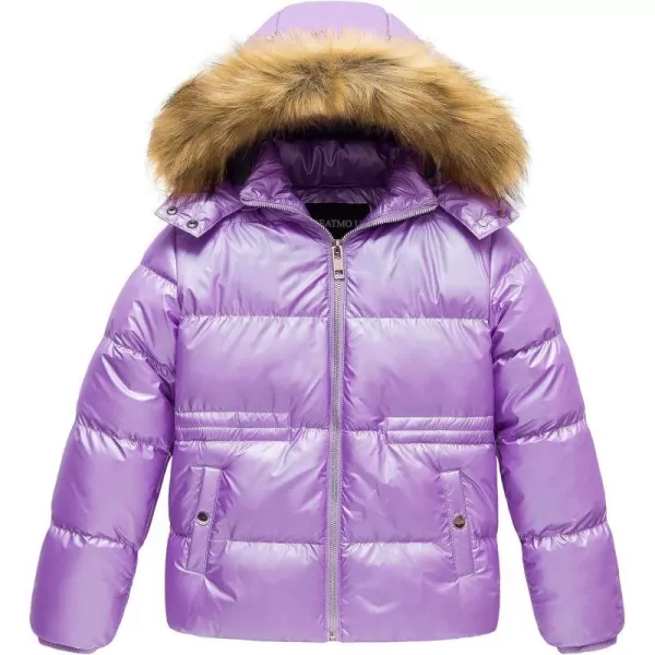 CREATMO US Girls Kids Metallic Shiny Jacket with Detachable Fur Collar Warmth Winter OuterwearShine Purple