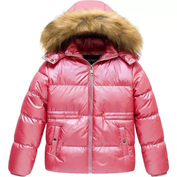 CREATMO US Girls Kids Metallic Shiny Jacket with Detachable Fur Collar Warmth Winter OuterwearShine Rose Red