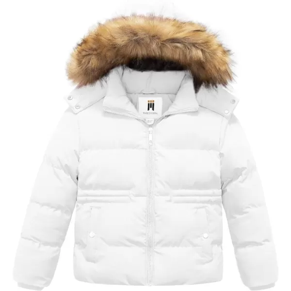 CREATMO US Girls Kids Metallic Shiny Jacket with Detachable Fur Collar Warmth Winter OuterwearWhite