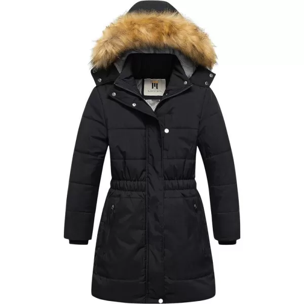 CREATMO US Girls Long Length Winter Coat Parka Water Resistant Puffer Jacket With Fleece LiningBlack