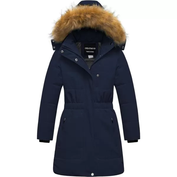 CREATMO US Girls Long Length Winter Coat Parka Water Resistant Puffer Jacket With Fleece LiningNavy