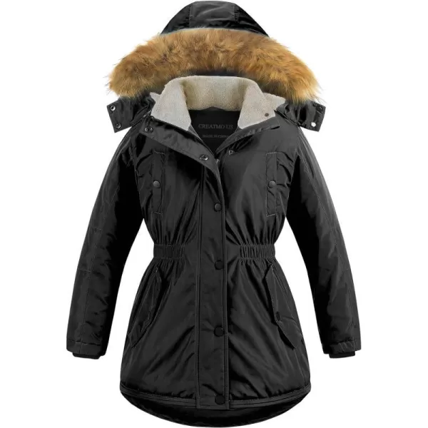 CREATMO US Girls Long Winter Warm Parka Sherpa TrimmednbspCollar Puffer Ski Jacket CoatBlack