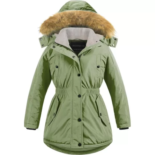 CREATMO US Girls Long Winter Warm Parka Sherpa TrimmednbspCollar Puffer Ski Jacket CoatGreen