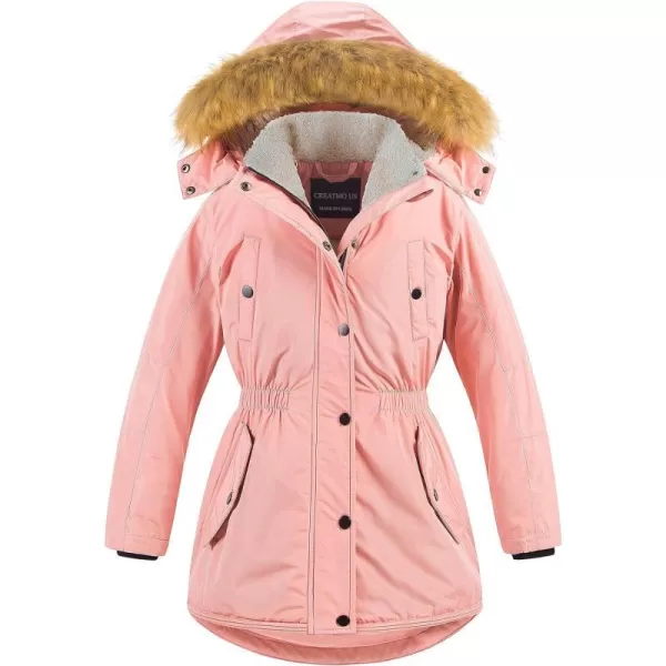 CREATMO US Girls Long Winter Warm Parka Sherpa TrimmednbspCollar Puffer Ski Jacket CoatPink