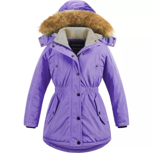 CREATMO US Girls Long Winter Warm Parka Sherpa TrimmednbspCollar Puffer Ski Jacket CoatPurple