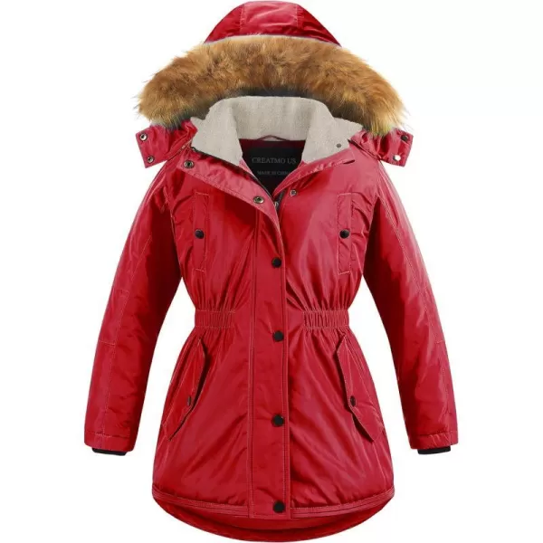 CREATMO US Girls Long Winter Warm Parka Sherpa TrimmednbspCollar Puffer Ski Jacket CoatRed