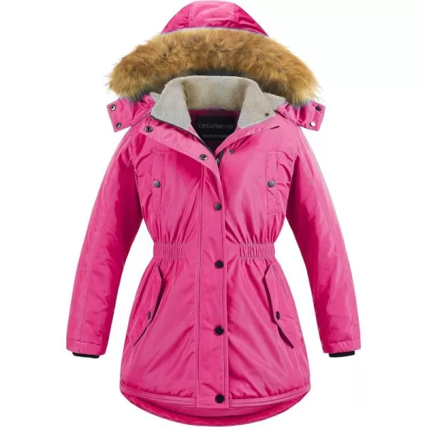 CREATMO US Girls Long Winter Warm Parka Sherpa TrimmednbspCollar Puffer Ski Jacket CoatRose Red