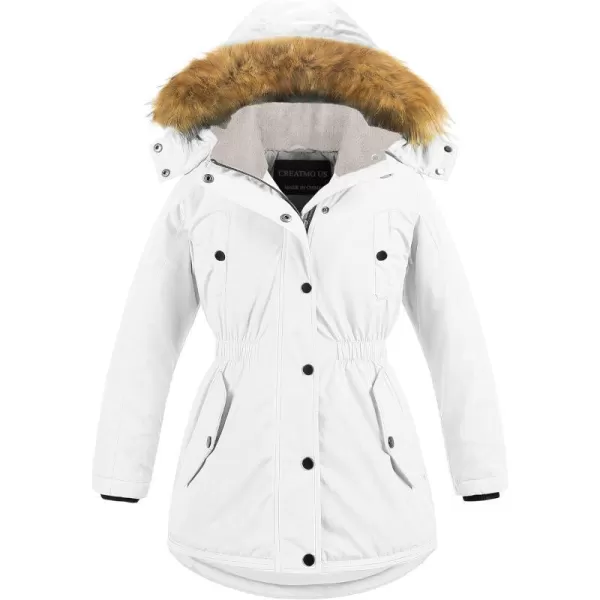 CREATMO US Girls Long Winter Warm Parka Sherpa TrimmednbspCollar Puffer Ski Jacket CoatWhite