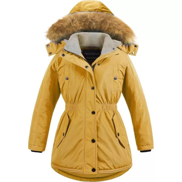 CREATMO US Girls Long Winter Warm Parka Sherpa TrimmednbspCollar Puffer Ski Jacket CoatYellow