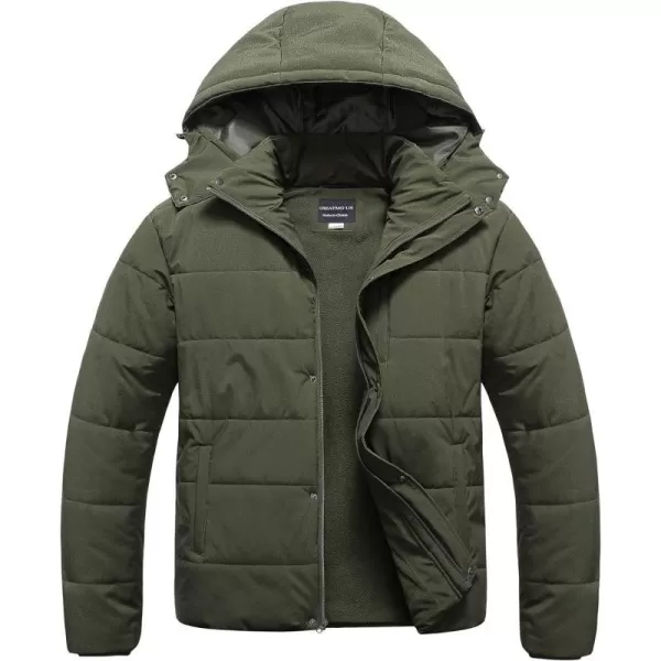 CREATMO US Mens Big and Tall Winter Puffer Jacket Waterproof Bubble Coat Puffy Ski Parka With HoodArmy Green