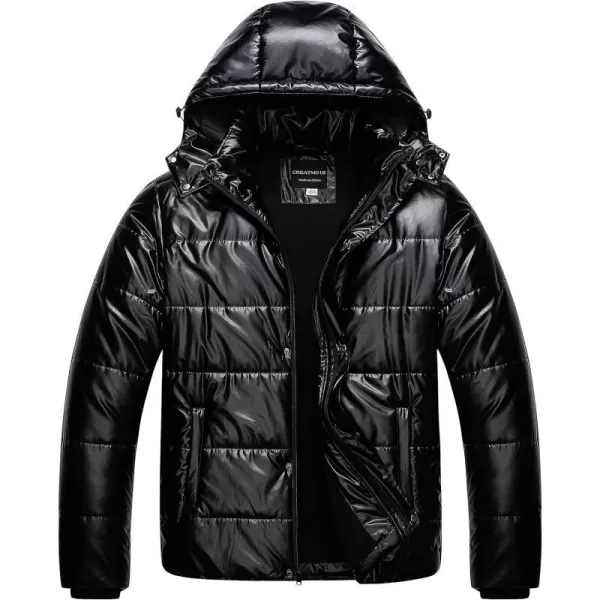 CREATMO US Mens Big and Tall Winter Puffer Jacket Waterproof Bubble Coat Puffy Ski Parka With HoodShiny Black