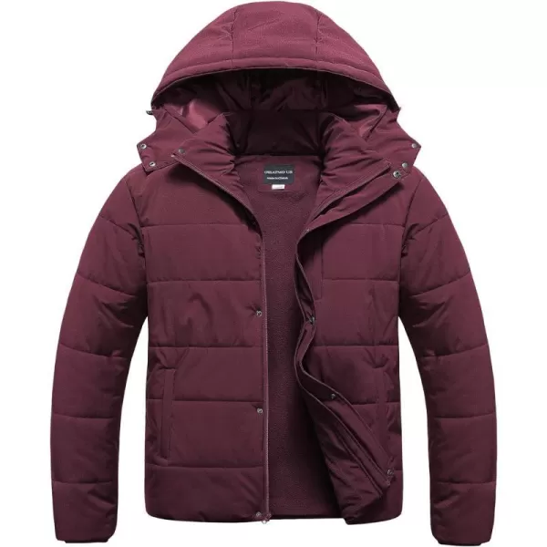 CREATMO US Mens Big and Tall Winter Puffer Jacket Waterproof Bubble Coat Puffy Ski Parka With HoodWine Red