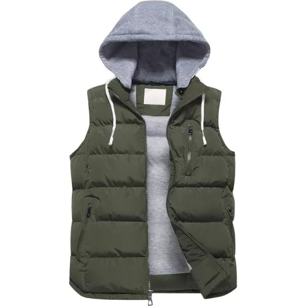 CREATMO US Mens Outdoor Winter Vest Outerwear Removable Hooded Padded Puffer Sleeveless VestArmy Green