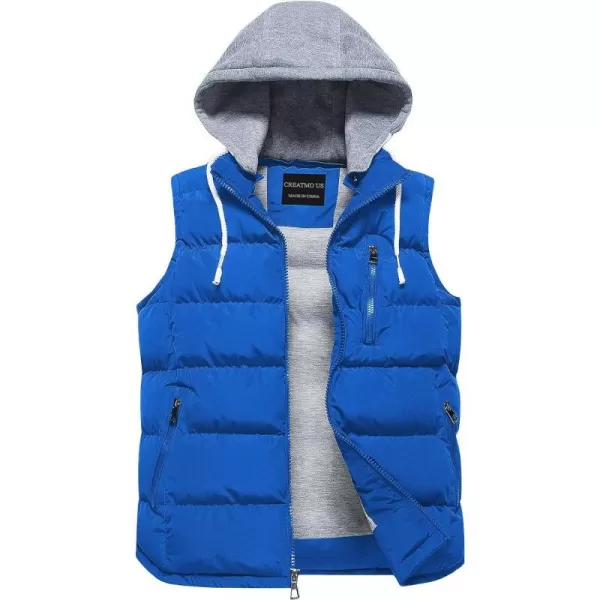 CREATMO US Mens Outdoor Winter Vest Outerwear Removable Hooded Padded Puffer Sleeveless VestBlue