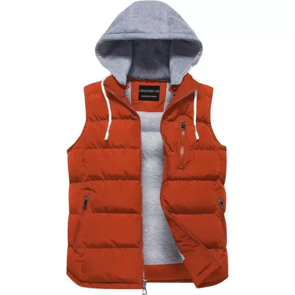 CREATMO US Mens Outdoor Winter Vest Outerwear Removable Hooded Padded Puffer Sleeveless VestEarth Red