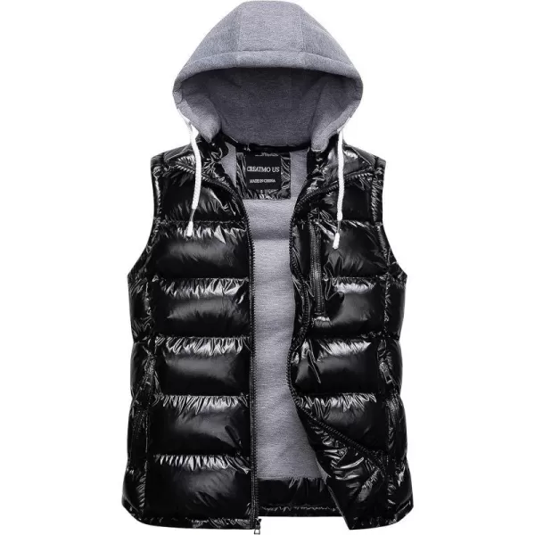 CREATMO US Mens Outdoor Winter Vest Outerwear Removable Hooded Padded Puffer Sleeveless VestShine Black