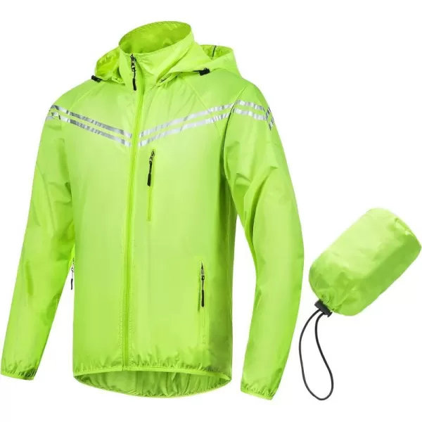 CREATMO US Mens Packable Waterproof Running Rain Coats Reflective Cycling Jacket Windbreaker With Removable HoodFluorescent Yellow