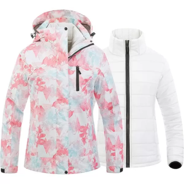 CREATMO US Womens 3 In 1 Waterproof Ski Jacket Windproof Snowboarding Jacket Warm Winter Snow Coat RaincoatPink Printed