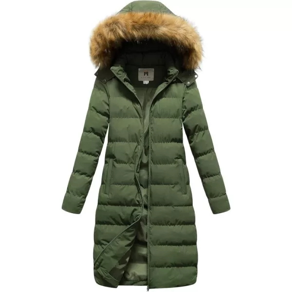 CREATMO US Womens Long Winter Faux Fur Coat Puffer Warm Jacket with Detachable HoodArmy Green