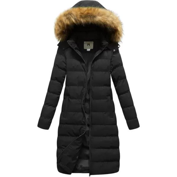 CREATMO US Womens Long Winter Faux Fur Coat Puffer Warm Jacket with Detachable HoodBlack