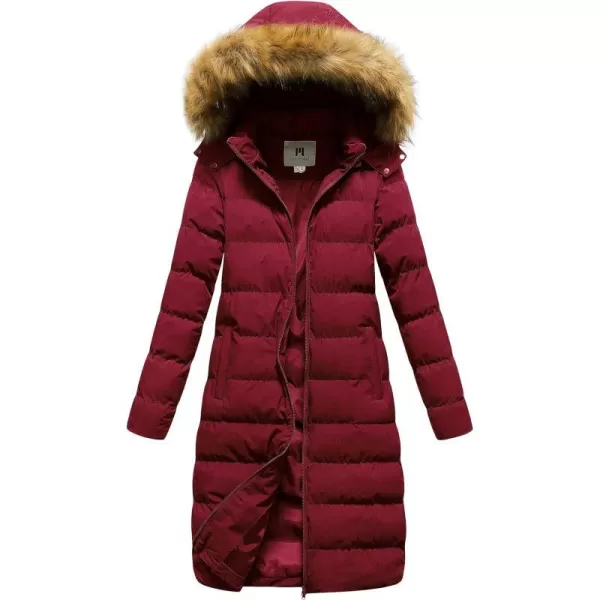 CREATMO US Womens Long Winter Faux Fur Coat Puffer Warm Jacket with Detachable HoodBurgundy