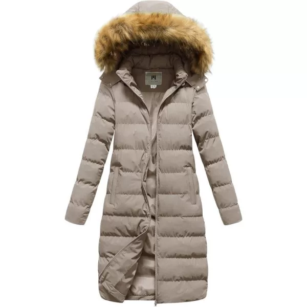 CREATMO US Womens Long Winter Faux Fur Coat Puffer Warm Jacket with Detachable HoodKhaki