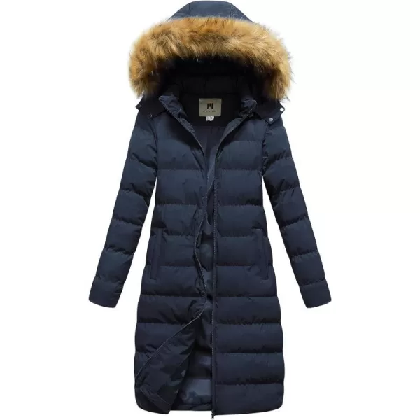 CREATMO US Womens Long Winter Faux Fur Coat Puffer Warm Jacket with Detachable HoodNavy