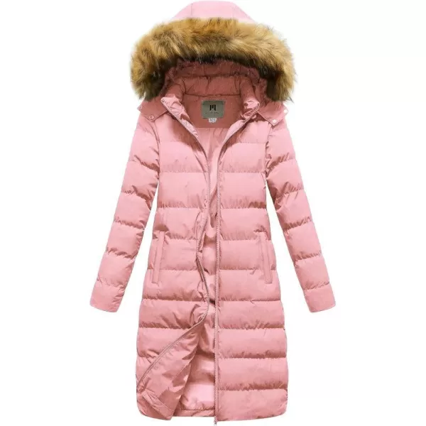 CREATMO US Womens Long Winter Faux Fur Coat Puffer Warm Jacket with Detachable HoodPink