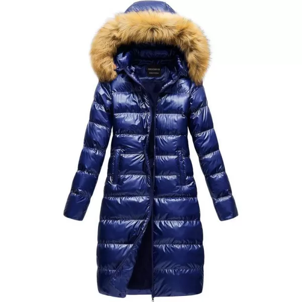 CREATMO US Womens Long Winter Faux Fur Coat Puffer Warm Jacket with Detachable HoodShine Navy